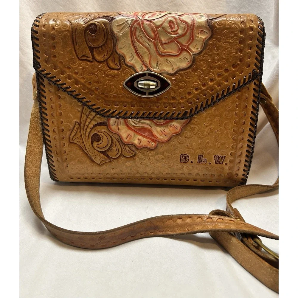 VTG Leather Hand Tooled Large Floral Shoulder Bag Boho Hippie Indie Festival 70s
